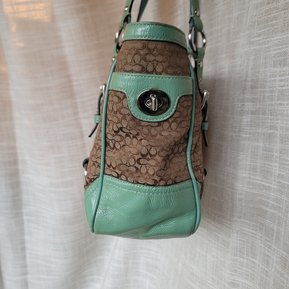 Coach Brown Signature Canvas Tote with Mint Trim and Straps - Picture 8 of 12